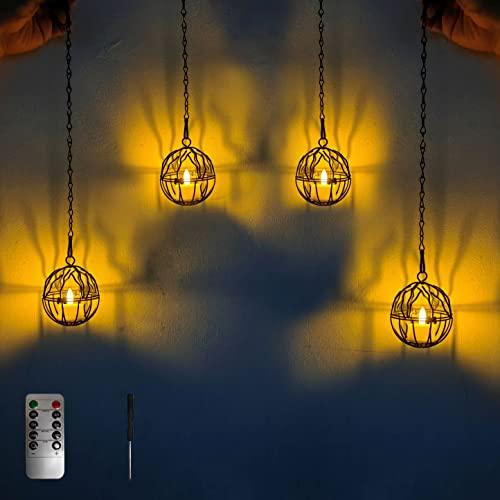 Remote Control Candles Lights Outdoor Hanging Vintage Lanterns, Candle Holder with Tea Lights for Home Garden Backyard Pergola Patio Umbrella Tree Window Decor-Set of 4 - CookCave