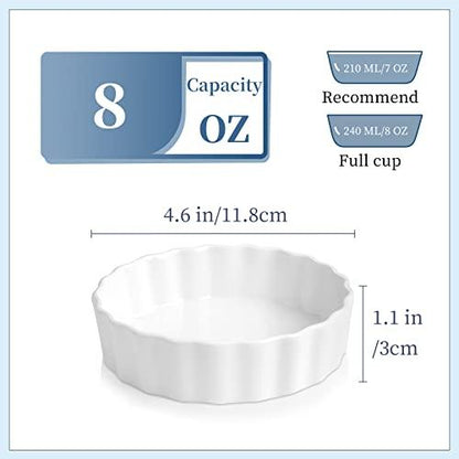 LOVECASA Shallow Creme Brulee Ramekins, 8 oz Ramekins for Baking, Porcelain Souffle Dish Mini Pie Pans Oven Safe, Round Fluted Tart Pan Quiche Dishes, Set of 6, White - CookCave