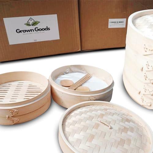 Grown Goods Bamboo Steamer Handmade Basket with Lid | 10 inch 2 Tier Steaming Basket Traditional Design | For Dumplings, Rice, Dim Sum, Vegetables, Fish, and Meat | Includes 50 liners, 2 bamboo sauce - CookCave