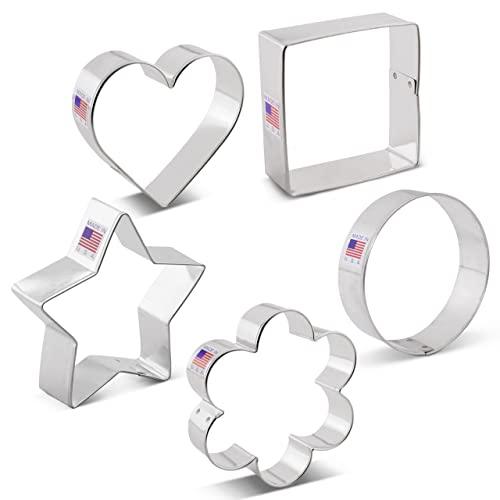 Basic Cookie Cutters 5-Pc. Set Made in USA by Ann Clark, Star, Heart, Circle, Square, Flower - CookCave