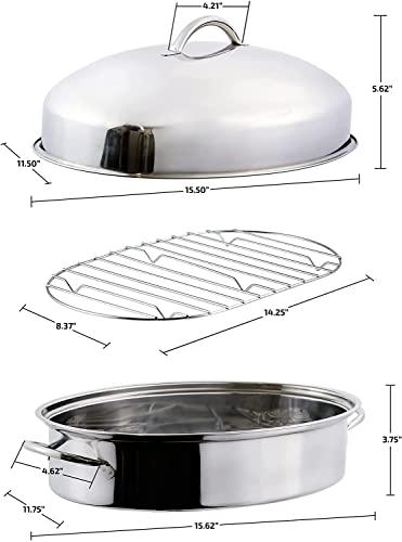 Ovente Kitchen Oval Roasting Pan 16 Inch Stainless Steel Baking Tray with Lid & Rack, Dishwasher Safe Portable Roaster for Oven Cooking Grilling Turkey Chicken at Home or Thanksgiving Silver CWR32161S - CookCave