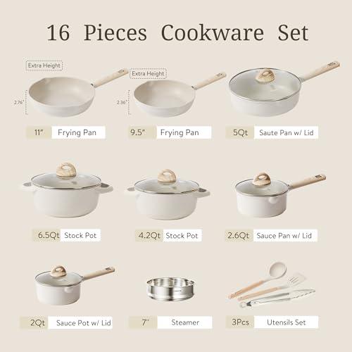 CAROTE 16pcs Pots and Pans Set Non Stick, Kitchen Cookware Sets, Large Capacity Granite Pots Set, Kitchen Induction Pots and Pans Cooking Sets, Beige - CookCave