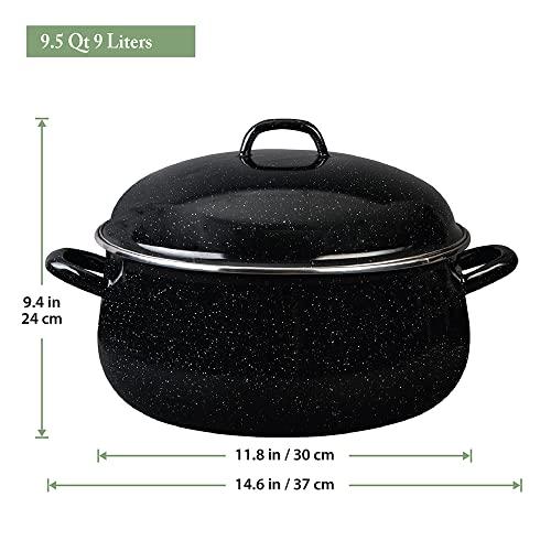 Granite Ware 9.5 Qt Heavy Gauge Dutch Oven with Lid. (Speckled Black) Enamelware. Stainless Steel. Suitable for Cooktops, Oven to Table. Dishwasher Safe. - CookCave