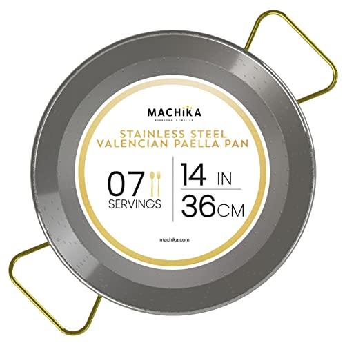 Machika Stainless Steel Paella Pan | Cooking Pan | Stainless Steel Skillet for Paella and Rice Recipes | Stainless Steel Valencian Paella Pan with Gold Handles | 7 Servings | 14 inches | - CookCave