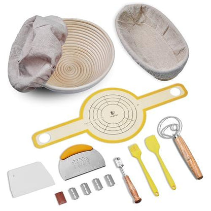 Sourdough Bread Baking Set, 10 Inch Oval & 9 Inch Round Banneton Bread Proofing Baskets with Linen Liner, Silicone Bread Sling, Danish Dough Whisk, Dough Scraper Kit, Silicone Brush & Silicone Spatula - CookCave