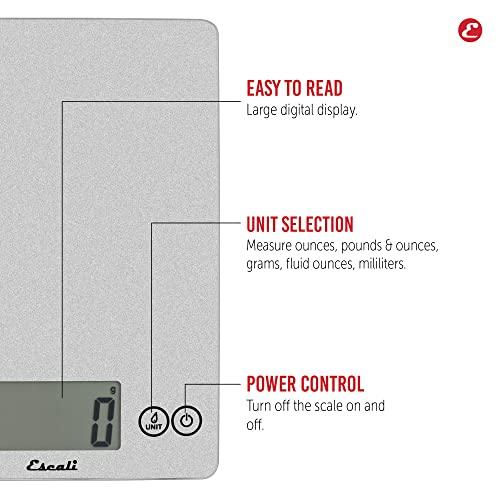 Escali Arti Glass Food Scale Digital Countertop Kitchen, Baking and Cooking Scale with Nutrition and Calorie Counter, 15-Pound Capacity, 9" x 6.5" x .75", Shiny Silver - CookCave