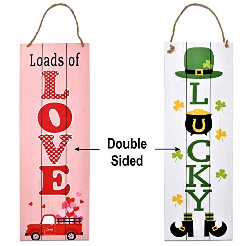 Valentines St Patrick's Welcome Sign Set of 2 Front Door Wall Signs Hanging Wood Double Sided Love & Lucky Indoor Outdoor Valentine Day Decoration Porch Yard Saint Patrick Party Supplies Decor 17"x 6" - CookCave