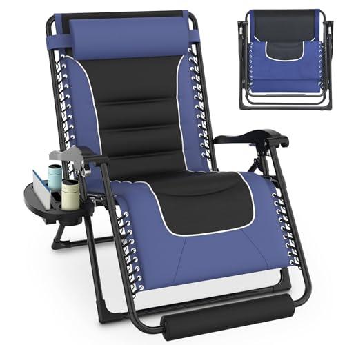 Slendor Zero Gravity Chairs Oversized,XL Zero Gravity Lounge Chair,29in Folding Outdoor Patio Recliner, Anti Gravity Chair for Lawn Backyard Office w/Headrest, Cup Holder, Support 300lbs, Black/Blue - CookCave