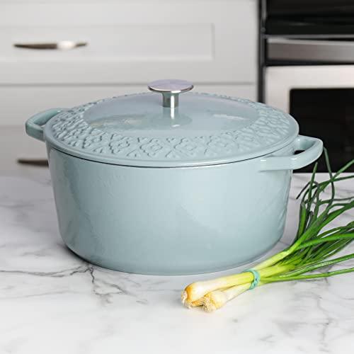 Spice by Tia Mowry Savory Saffron 6Qt Cast Iron Dutch Oven w/Embossed Lid - Aqua Blue, 6-Quart - CookCave