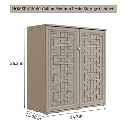 HOMSPARK Medium Resin Storage Cabinet Waterproof, 60-Gallon Indoor & Outdoor Deck Box for Garden Tools, kitchen Accessories, with 1 Laminate Shelf, (34 in. L x 15 in. W x 36 in. H, Coffee) - CookCave