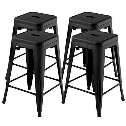 COSTWAY Bar Stools Set of 4, 24” Stackable Metal Stools with Square Seat & Handing Hole, X-Shaped Reinforced Design, Backless Bar Chairs for Kitchen, Dining Room, Pub (Black, 24‘’) - CookCave