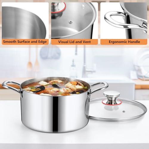 Homikit 8QT Stainless Steel Stock Pot, Heavy Duty Induction Cooking Pot with Glass Lid, Tri-ply Pasta/Chicken/Soup Pot, Stockpot for Steaming and Stewing, Dishwasher Safe - CookCave