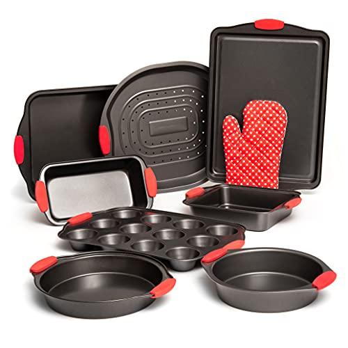 Moss & Stone 9 Piece Baking Pans Set, Oven Safe Baking Sheet Set Carbon Steel Non-Stick PTFE Coating, Bakeware Set With Heat Red Silicone Handles, Black Baking Trays For Oven - CookCave