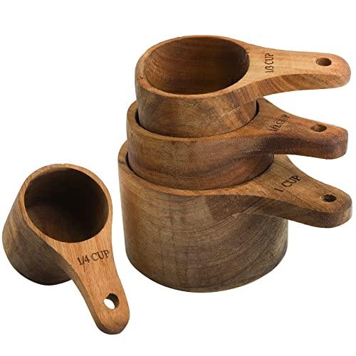 Lyellfe Set of 4 Acacia Wood Measuring Cups, Stackable Kitchen Measure Tool with Handle, Baking and Cooking Measuring Set, Handcrafted with Polish Finish, 4 Size - CookCave