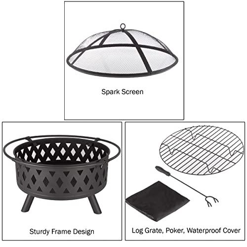 Fire Pit Set, Wood Burning Pit - Includes Screen, Cover and Log Poker - Great for Outdoor and Patio, 32 inch Round Crossweave Firepit by Pure Garden - CookCave