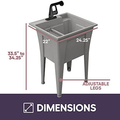 Utility Sink with One-Handle Matte Black Plastic Faucet – Polypropylene Laundry Sink, Grey Garage Sink, Indoor & Outdoor Use – Complete Sink Set by Noah William Home (24” X 22” X 34” 19.5 Gallons) - CookCave