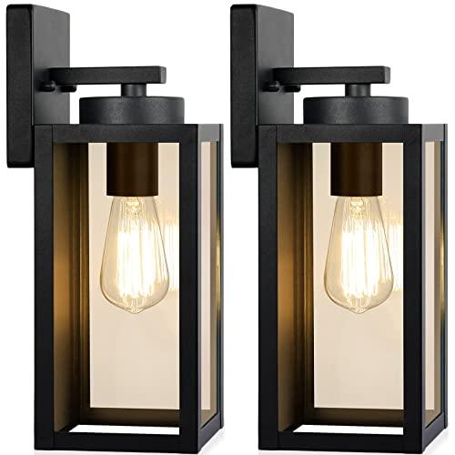 Outdoor Wall Light Fixtures, Exterior Waterproof Lanterns, Porch Sconces Wall Mounted Lighting with E26 Sockets & Glass Shades, Modern Matte Black Wall Lamps for Patio Front Door Entryway, 2-Pack - CookCave