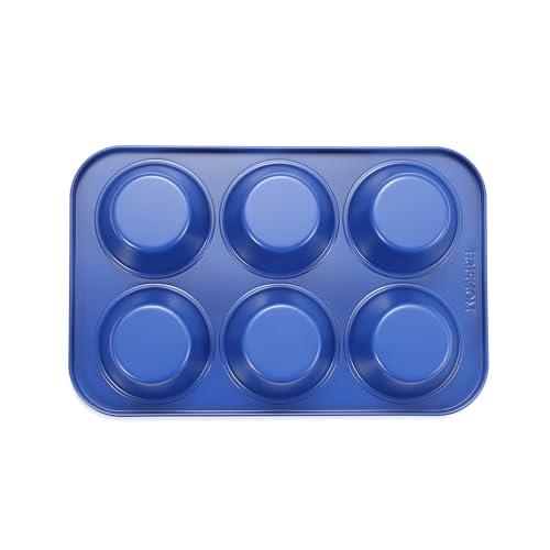 Monfish Muffin Pan 6 Jumbo Cup Carbon Steel Haze Blue non Stick Coating Muffin cupcake Tin 3.5inch cup Roy blue - CookCave