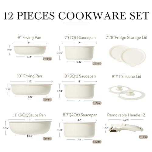CAROTE 12pcs Pots and Pans Set, Nonstick Cookware Set Detachable Handle, Induction Kitchen Cookware Sets Non Stick with Removable Handle, RV Cookware Set, Oven Safe - CookCave