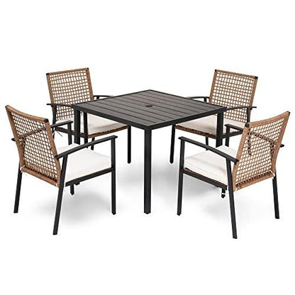 LAUSAINT HOME 5 Pieces Outdoor Patio Dining Set, Wicker Patio Furniture Set of 4 Chairs with Soft Cushion and Square Table with Umbrella Hole, Conversation Set for Backyard, Garden and Poolside - CookCave