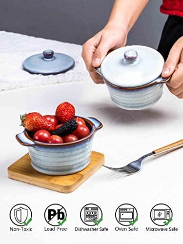 Henten Home Ceramic 8 oz Ramekins with Lid, Porcelain Mini Cocotte with Handle Set of 4, Reactive Glaze Samll Casseroles Dishfor Baking, Custard Cup, Pudding, Crème brûlée (Light Blue) - CookCave