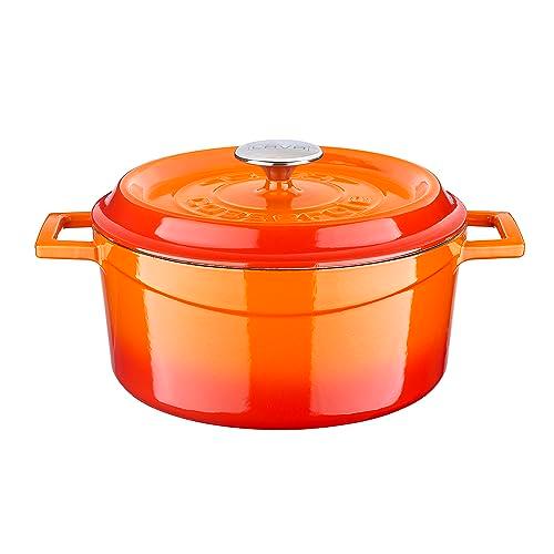 LAVA 10 Quarts Cast Iron Dutch Oven: Multipurpose Stylish Round Shape Dutch Oven Pot with Glossy Sand-Colored Three Layers of Enamel Coated Interior with Trendy Lid (Orange) - CookCave