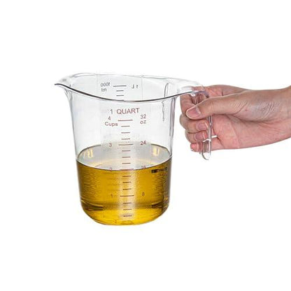 RW Base 1 Quart Measuring Jar, 1 Durable Measuring Beaker - Metric And Imperial Units, V-Shaped Spout, Clear Plastic Measuring Cup, Handle With Thumb-Grip, Tolerates Up To 248F - Restaurantware - CookCave