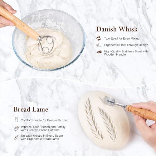 Banneton Bread Proofing Basket Set of 2 - Proofing Baskets 10" Oval and 9" Round Rattan Sourdough Bread Baking Supplies with Bread Lame, Dough Scrapers, Linen Liner, Dough Whisk & Bread Bag - CookCave