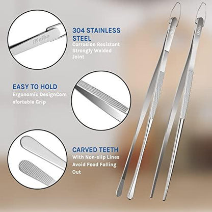 iNeibo Multipurpose Cooking Tweezers Tongs 2 Pack 12 inch/30cm 304 Stainless Steel Straight Tweezers - Extra Long Kitchen Food Tweezers Tongs for BBQ Grilling Cooking Roasting and Serving - CookCave