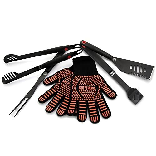 Yukon Glory™ Heavy Duty 5 Piece Grilling Tools Set, Durable Stainless Steel BBQ Accessories, Long Handle 3 in 1 Spatula, Tongs, Brush, Grill Fork, Thick Grilling Gloves, Gift Set - CookCave