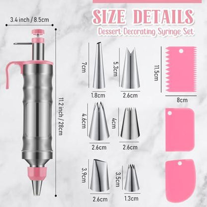 Ziliny 3 Sets Dessert Decorating Syringe Set, Cupcake Frosting Filling Injector with 6 Icing Nozzles 1 Nozzle Connector 3 Cream Scrapers Icing Tool, Cake Decorating Kit, Main Stainless Steel Design - CookCave