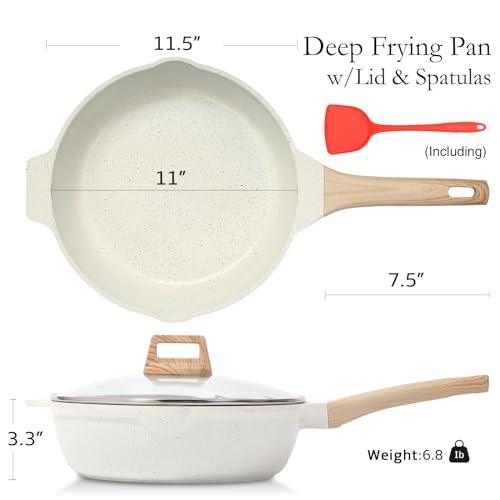 ESLITE LIFE Nonstick Deep Frying Pan with Lid, 5 Quart/11 Inch Ceramic Coating Sauté Pan Compatible with All Stovetops (Gas, Electric & Induction), PFOA Free, Cream - CookCave