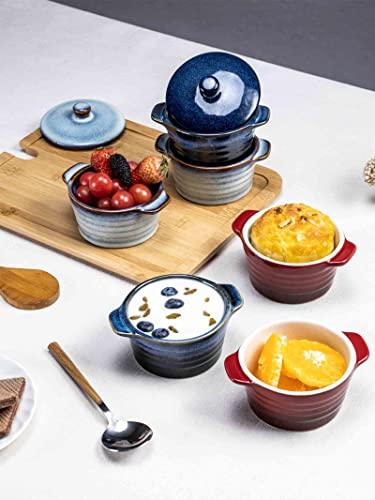 Henten Home Ceramic 8 oz Ramekins with Lid, Porcelain Mini Cocotte with Handle Set of 4, Reactive Glaze Samll Casseroles Dishfor Baking, Custard Cup, Pudding, Crème brûlée (Light Blue) - CookCave