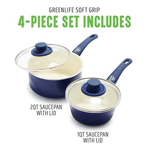 GreenLife Soft Grip Healthy Ceramic Nonstick, 1QT and 2QT Saucepan Pot Set with Lids, PFAS-Free, Dishwasher Safe, Blue - CookCave