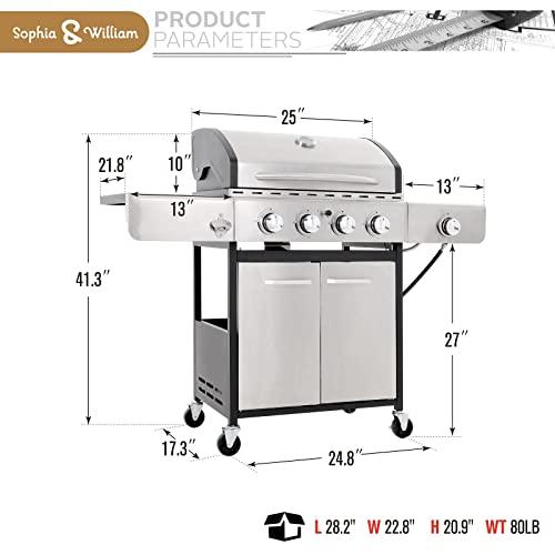 Sophia & William 4-Burner Gas BBQ Grill with Side Burner and Porcelain-Enameled Cast Iron Grates 42,000BTU Outdoor Cooking Stainless Steel Propane Grills Cabinet Style Garden Barbecue Grill, Silver - CookCave