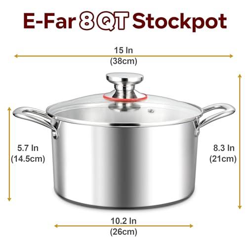 E-far 8 Quart Stock Pot with Lid, 18/10 Tri-ply Stainless Steel Stockpot for Induction Ceramic Gas Stoves, Heavy Duty Cooking Pot for Pasta Soup Stewing Simmering, Oven and Dishwasher Safe - CookCave