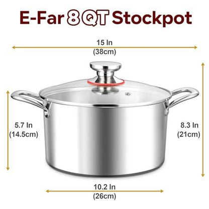 E-far 8 Quart Stock Pot with Lid, 18/10 Tri-ply Stainless Steel Stockpot for Induction Ceramic Gas Stoves, Heavy Duty Cooking Pot for Pasta Soup Stewing Simmering, Oven and Dishwasher Safe - CookCave