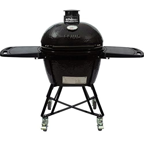 Primo Grills All-in-One Oval Large 300 Ceramic Kamado Grill with Cradle, Side Shelves, and Stainless Steel Grates - PGCLGC (2021), Black - CookCave