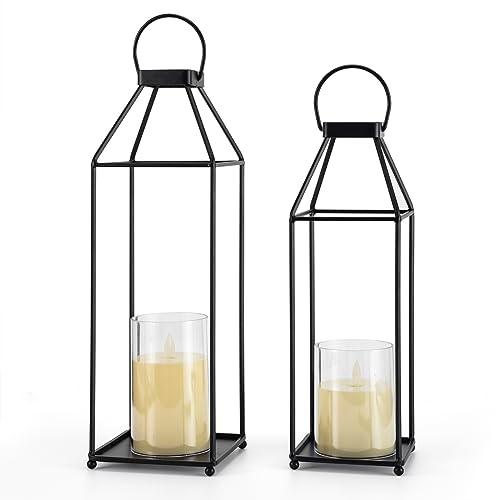 Lanterns Decorative Outdoor 2PCS Living Room Decor Lantern Black Metal Lantern Front Porch Decor Lanterns Decor Indoor with LED Candle Lanterns Decor No Glass for Indoor Outdoor (Small&Large, 2Pcs) - CookCave