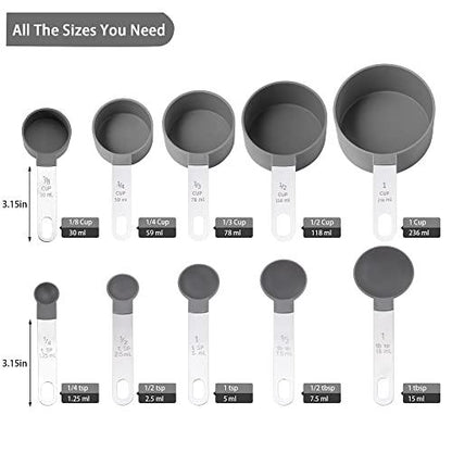 Measuring Cups and Spoons Set of Huygens Kitchen Gadgets 10 Pieces, Stackable Stainless Steel Handle Measuring Cups for Measuring Dry and Liquid Ingredient (Gray) - CookCave