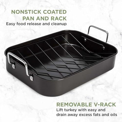 Ecolution Nonstick Roasting Pan with Rack, Carbon Steel with Premium Nonstick, Oven Safe to 450 F, Made without PFOA, Dishwasher Safe, 16-Inch x 12-Inch x 3-Inch - CookCave
