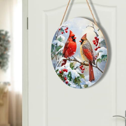 Winter Welcome Sign for Front Door, Cardinal Bird Wood Door Hanger for Outdoor Outside Porch, Christmas Cardinal Round Hanging Signs Holiday Decorations for Home Wall Porch Yard Farmhouse - CookCave
