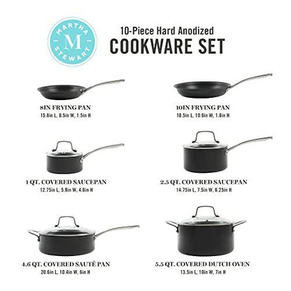 Martha Stewart Bosworth 10 Piece Hard Anodized Nonstick Aluminum Cookware Set - Black - CookCave