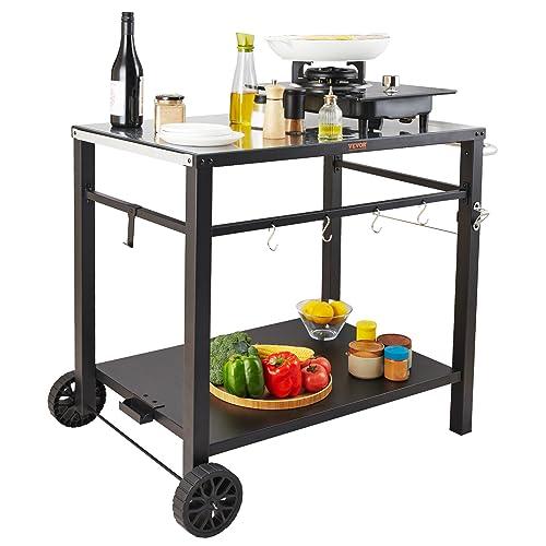 VEVOR Outdoor Grill Dining Cart with Double-Shelf, BBQ Movable Food Prep Table, Multifunctional Iron Table Top, Portable Modular Carts for Pizza Oven, Worktable with 2 Wheels, Carry Handle, Black - CookCave