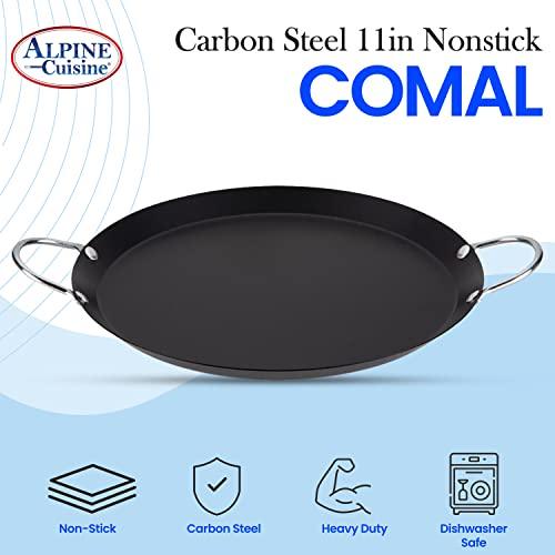 Alpine Cuisine Nonstick Round Comal Griddle 11-Inch - Black Carbon Steel Tortilla Comal Griddle with Double Handle - Durable, Heavy Duty Comal for Cooking - Even-Heating - CookCave