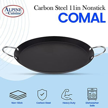 Alpine Cuisine Nonstick Round Comal Griddle 11-Inch - Black Carbon Steel Tortilla Comal Griddle with Double Handle - Durable, Heavy Duty Comal for Cooking - Even-Heating - CookCave