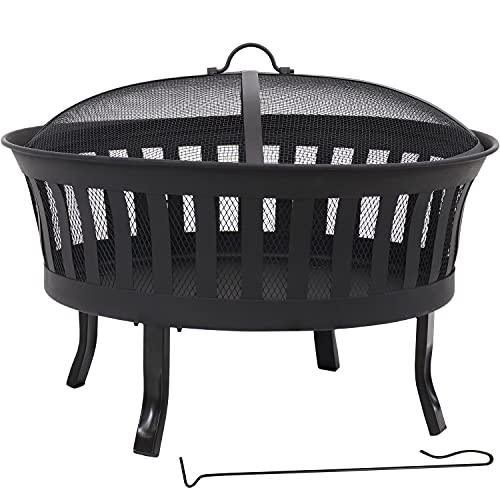 Sunnydaze 25-Inch Steel Wood-Burning Fire Pit with Mesh Stripe Cutouts - Includes Poker and Spark Screen - CookCave