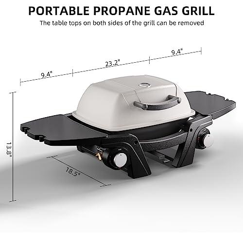 Portable Gas Grill, Portable Propane Grill, Propane Gas Grill, 24,000 BTU Outdoor Tabletop Small BBQ Grill with Two Burners, Removable Side Tables, Gas Hose and Regulator, Built in Thermometer, White - CookCave