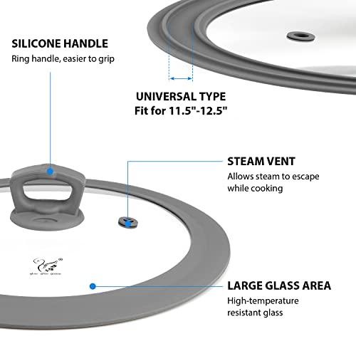 Vented Tempered Glass Universal Lid for Pot Pan Skillet with Heat Resistant Silicone Rim Microwave Splatter Lid Cover Microwave Safe Fit 11.5" 12" 12.5" Cookware, Dishwasher Safe Grey - CookCave