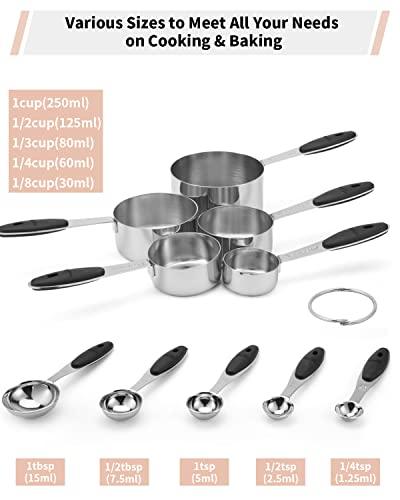 Joyhill Stainless Steel Measuring Cups and Spoons Set of 10 Piece, Nesting Metal Measuring Cups Set with Soft Touch Silicone Handles for Dry and Liquid Ingredients, Cooking & Baking (Black) - CookCave